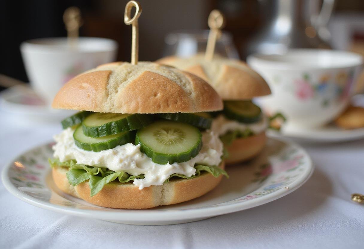 Close-up of a Downton Abbey tea sandwich filled with cucumber and cream cheese, highlighting the elegance of traditional British afternoon tea.