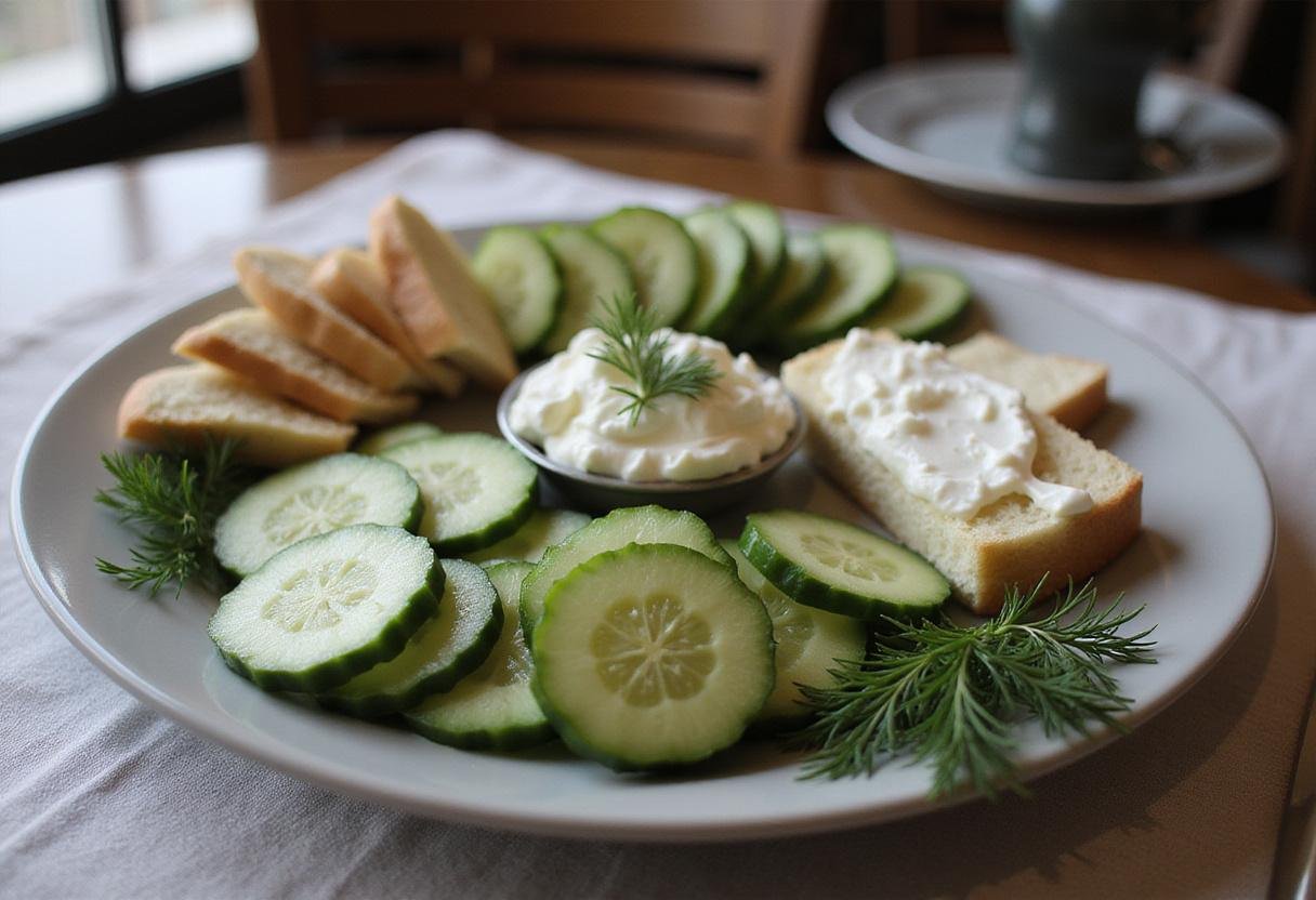 Preparing ingredients for Downton Abbey tea sandwiches with fresh cucumbers, cream cheese, and dill on a platter.