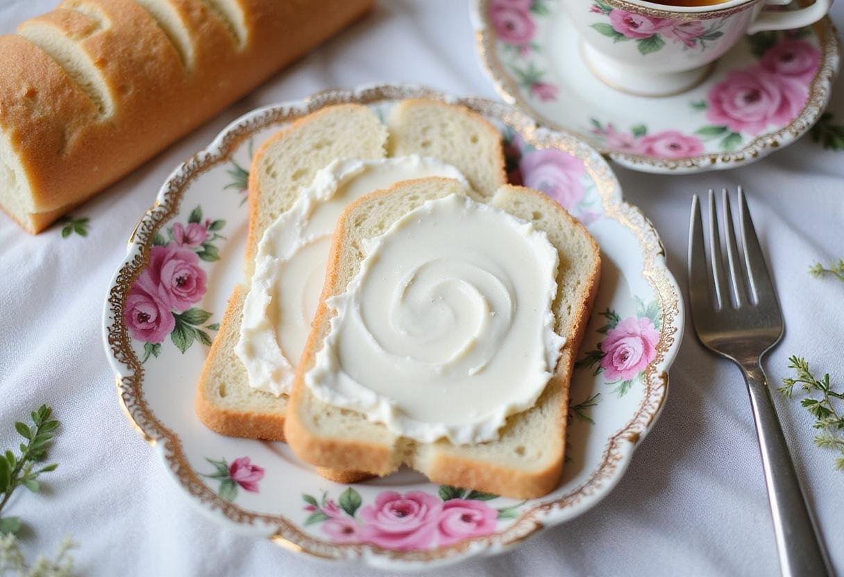 Spreading cream cheese on bread for classic Downton Abbey tea sandwiches, showcasing the elegant presentation of afternoon tea.