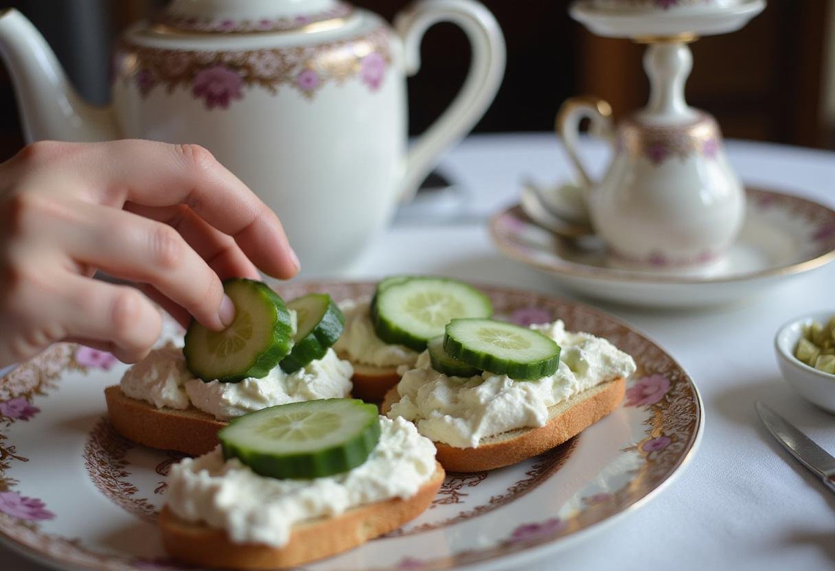 Adding cucumber slices to cream cheese on bread for traditional tea sandwiches inspired by Downton Abbey.