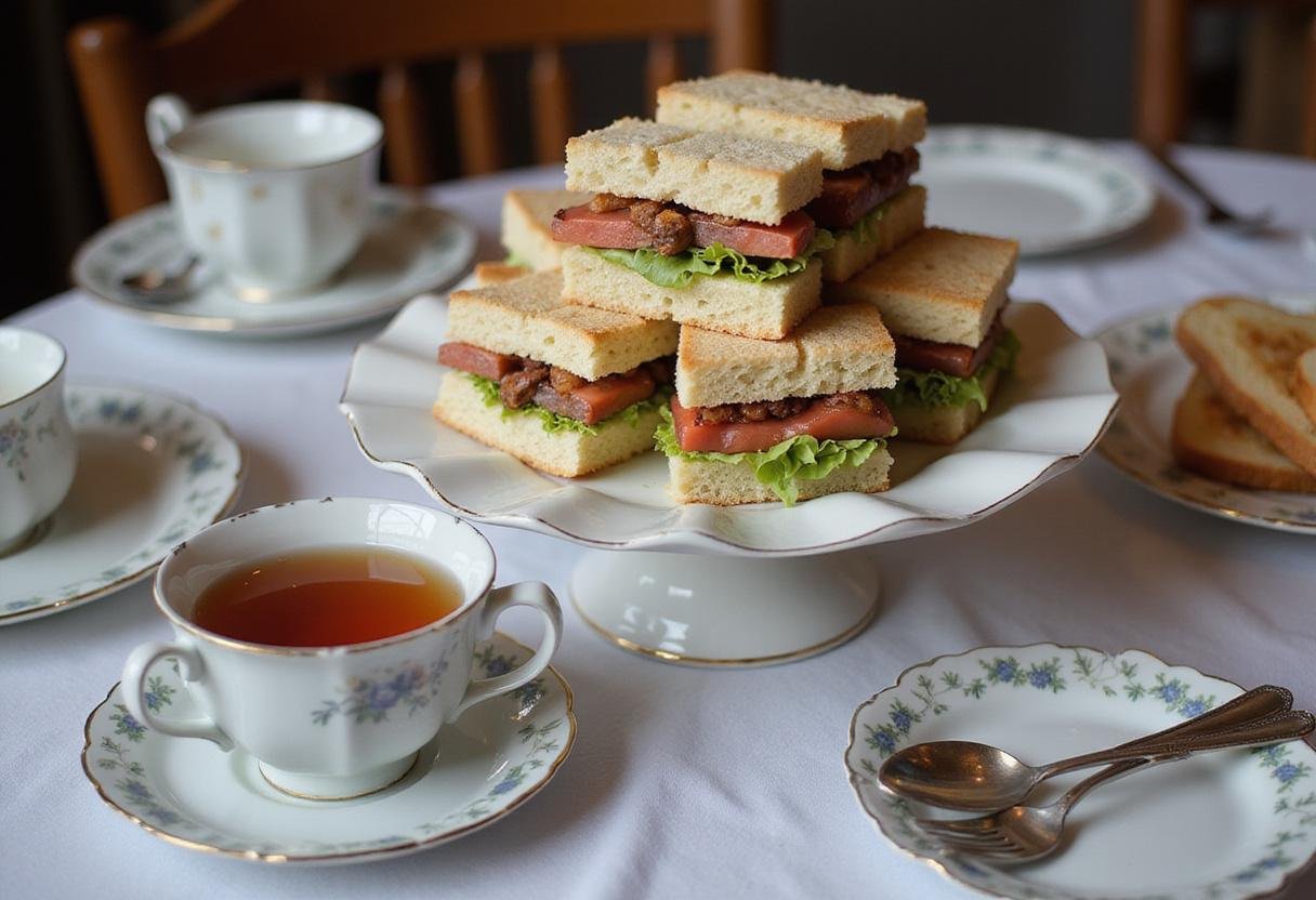 Stacking and presenting Downton Abbey style tea sandwiches on a vintage cake stand for an elegant tea party.