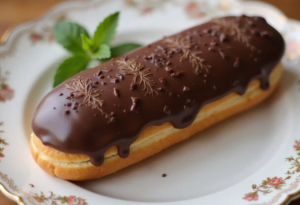 Gorgeous chocolate eclair finished and presented with glossy chocolate glaze, perfect for dessert lovers inspired by Emily in Paris.