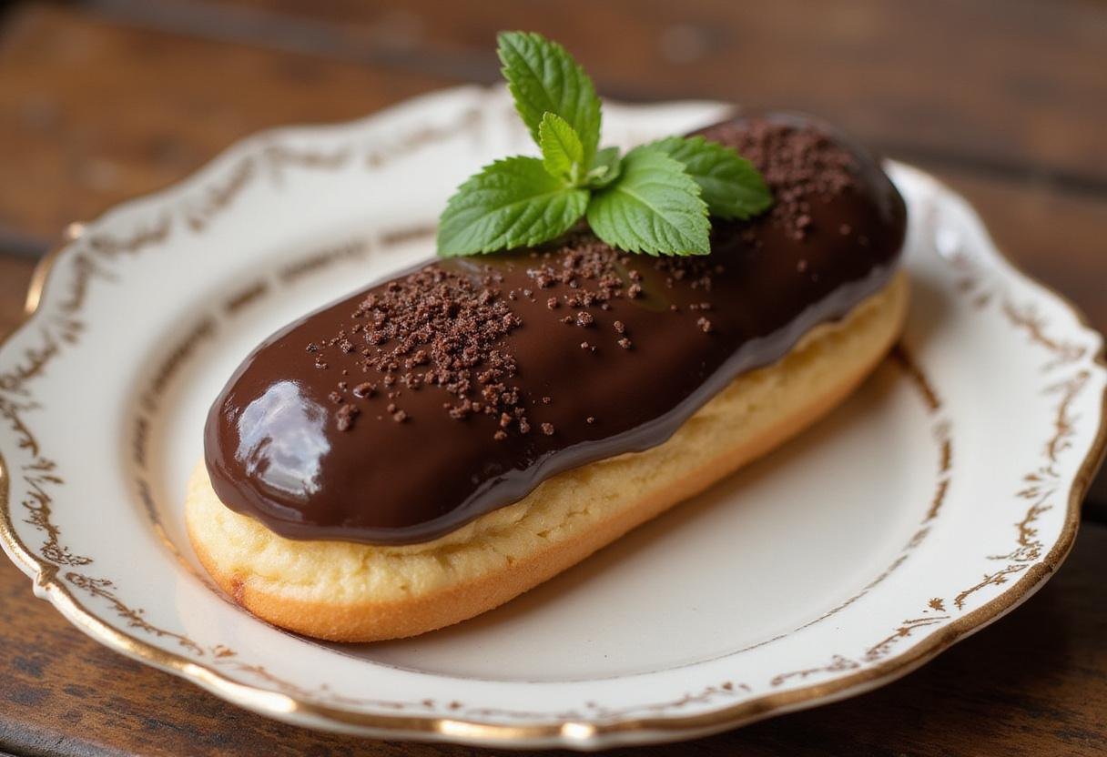 Gorgeous chocolate eclair finished and presented with glossy chocolate glaze, perfect for dessert lovers inspired by Emily in Paris.