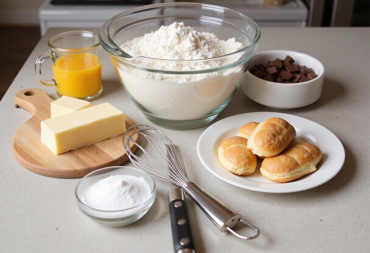 Ingredient preparation for Emily in Paris chocolate eclair, including flour, eggs, and chocolate, in a beautiful kitchen setting.