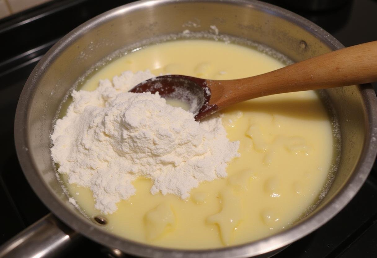 Cooking the dough for Emily in Paris chocolate eclair on the stovetop, showcasing the process of creating the eclair pastry.