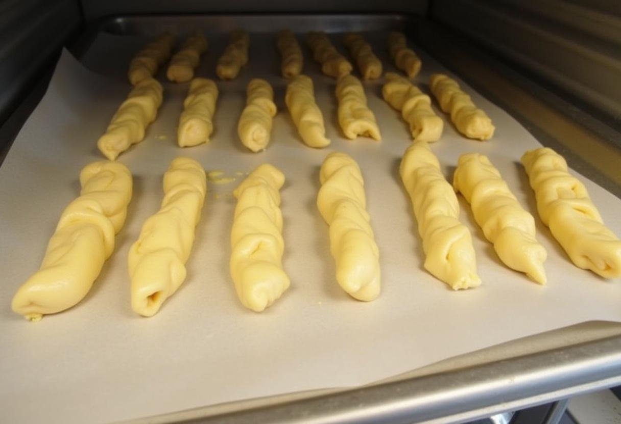 Piped pastry dough ready for baking, representing the making of Emily in Paris chocolate eclair in a cozy home kitchen.