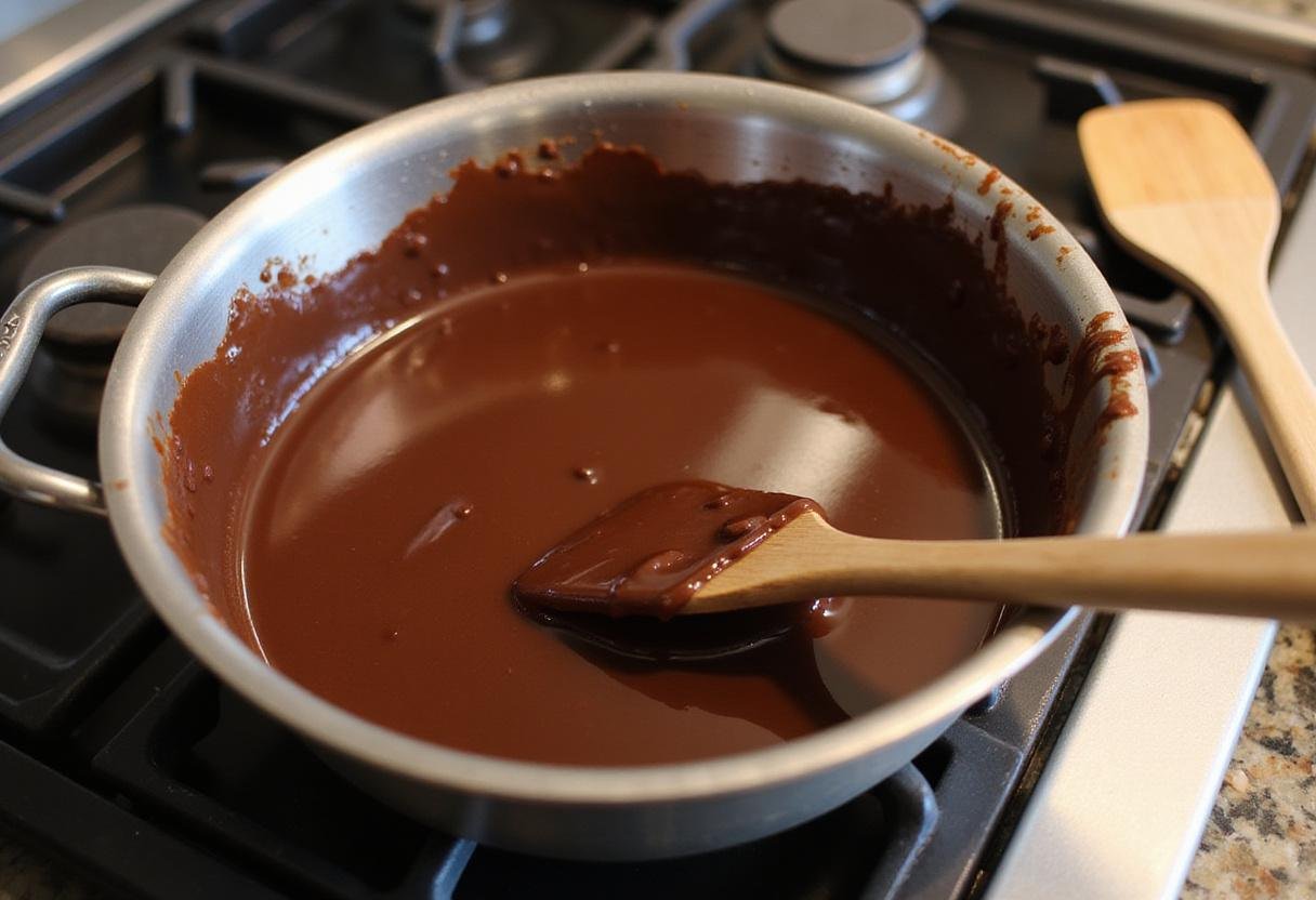 Melting chocolate for glaze preparation, a key step in making the decadent chocolate eclair, highlighted in the cooking process.