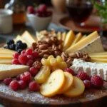 Elegant French cheese platter beautifully arranged with Brie, Roquefort, elegant presentation of fruits, nuts, and serving accompaniments for an authentic Parisian dining experience.