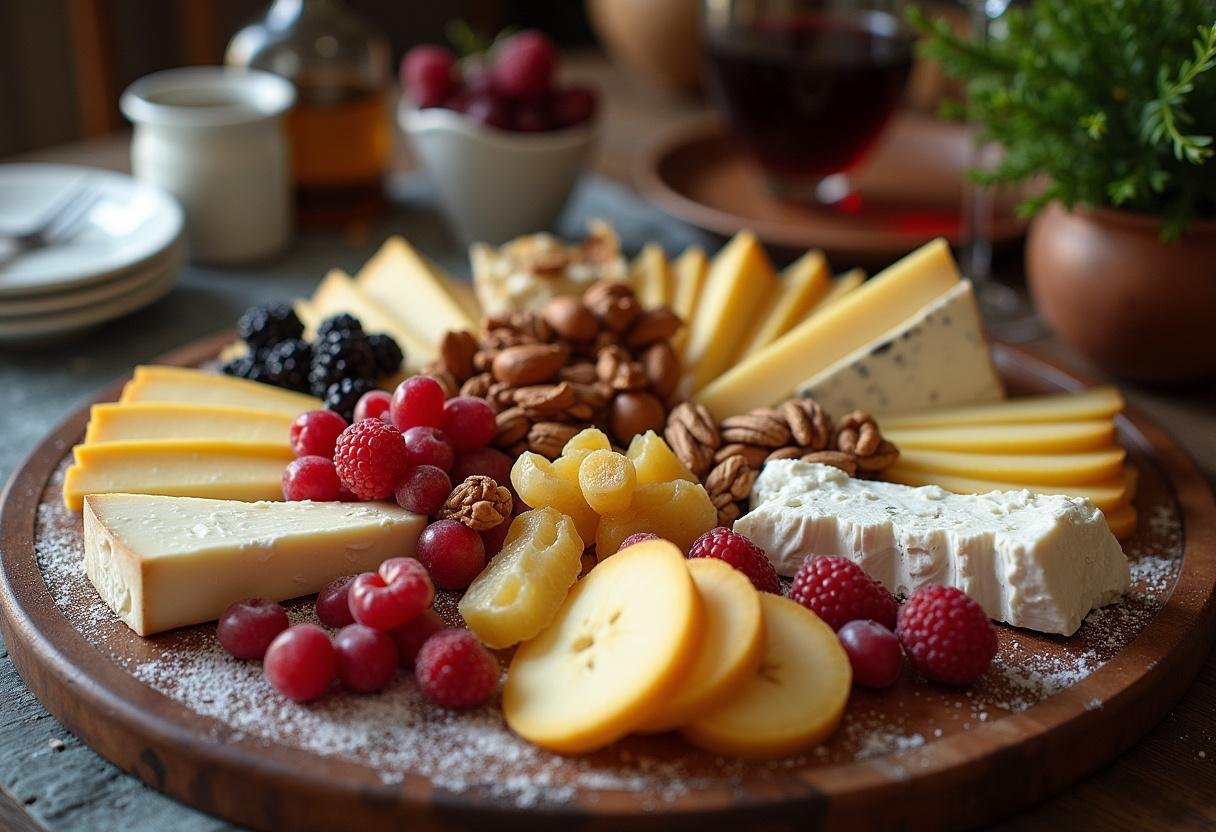 Elegant French cheese platter beautifully arranged with Brie, Roquefort, elegant presentation of fruits, nuts, and serving accompaniments for an authentic Parisian dining experience.