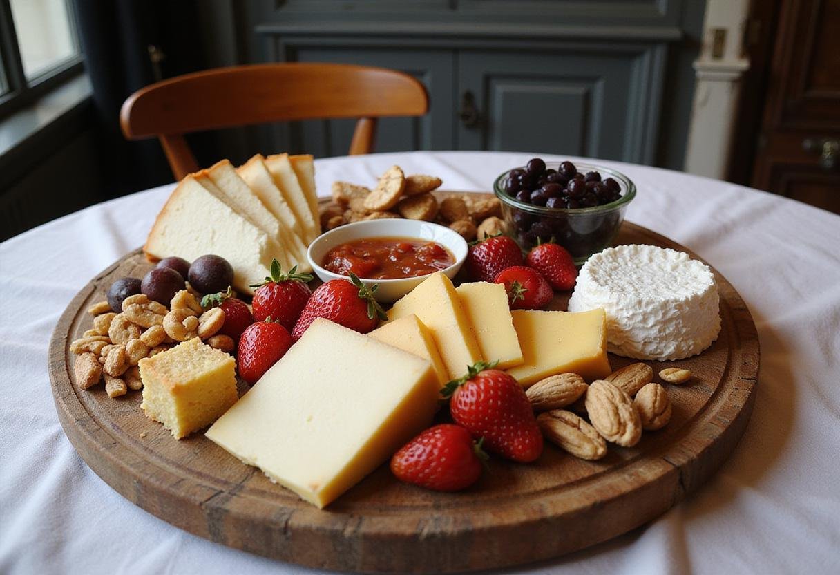 Elegant French cheese platter beautifully arranged with Brie, Roquefort, elegant presentation of fruits, nuts, and serving accompaniments for an authentic Parisian dining experience.