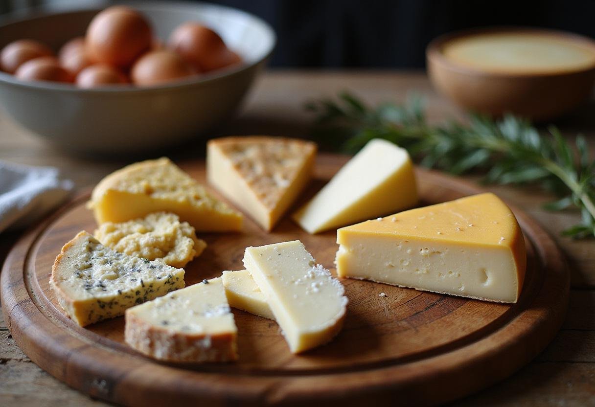 Arrangement of an authentic French cheese plate with Brie, Roquefort, and Comté on a rustic wooden board in a warm kitchen setting.