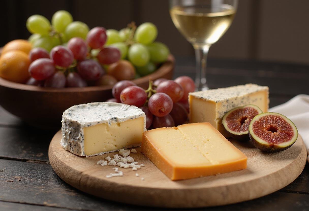 Colorful fresh fruits like grapes and figs enhancing a traditional French cheese plate, with an elegant wine glass in a cozy dining atmosphere.