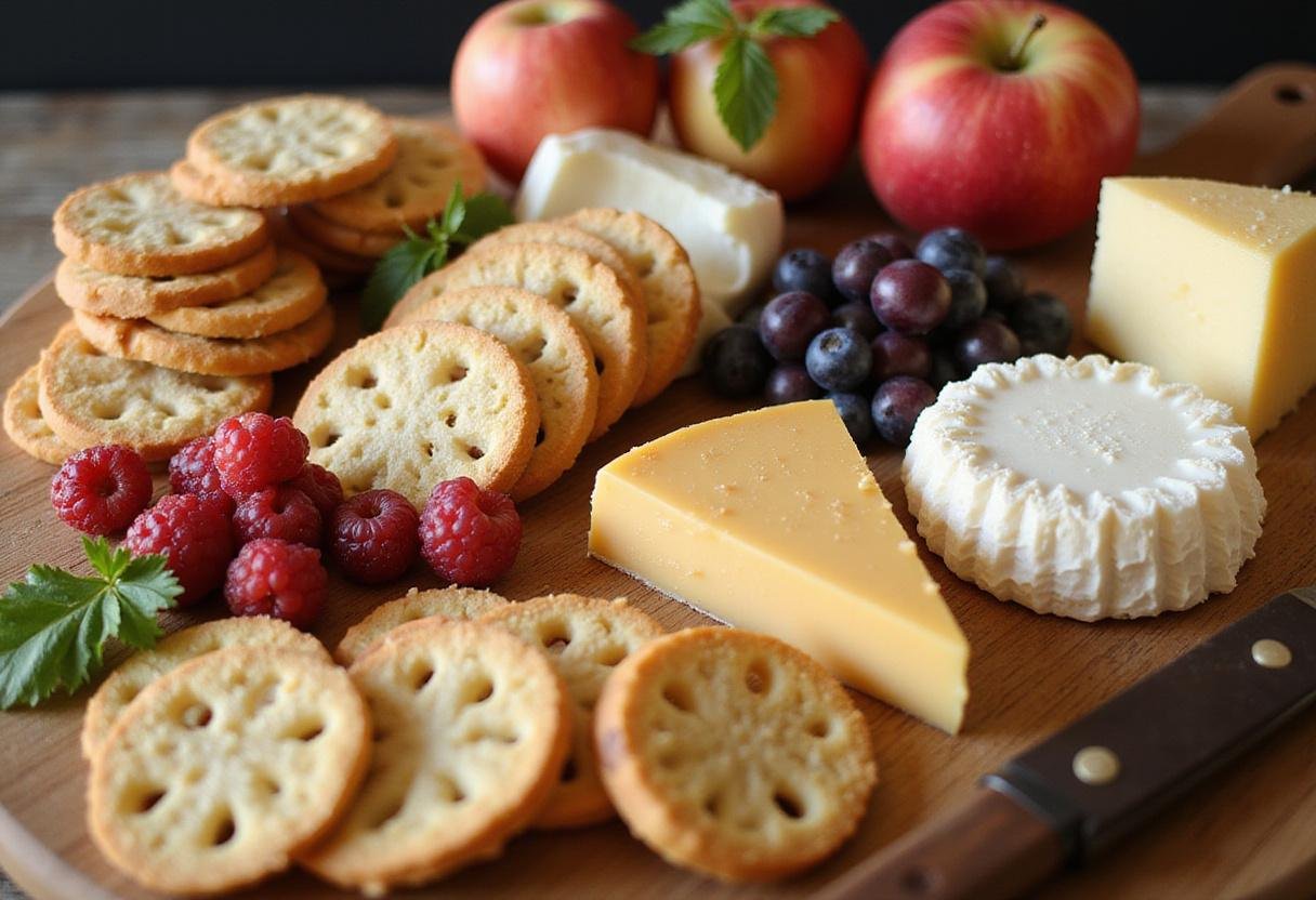 Artisan crackers and baguette slices beautifully arranged on a French cheese plate, adding a delightful touch to the cheese and fruit display.