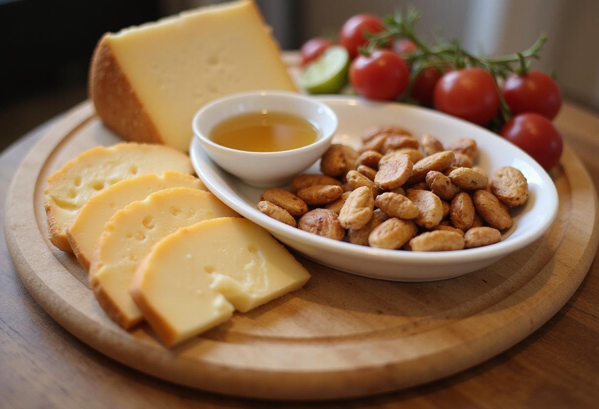 Gourmet French cheese plate featuring honey and mixed nuts, showcasing an elegant presentation in a charming dining setting.