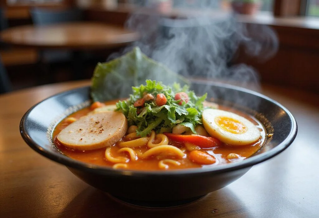 Finished Euphoria Spicy Ramen Bowl with vibrant fresh ingredients and steam, beautifully presented and ready to enjoy, showcasing comfort food elegance.