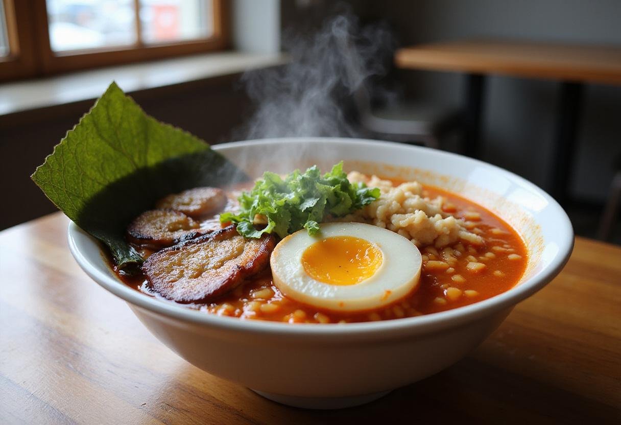 Finished Euphoria Spicy Ramen Bowl with vibrant fresh ingredients and steam, beautifully presented and ready to enjoy, showcasing comfort food elegance.