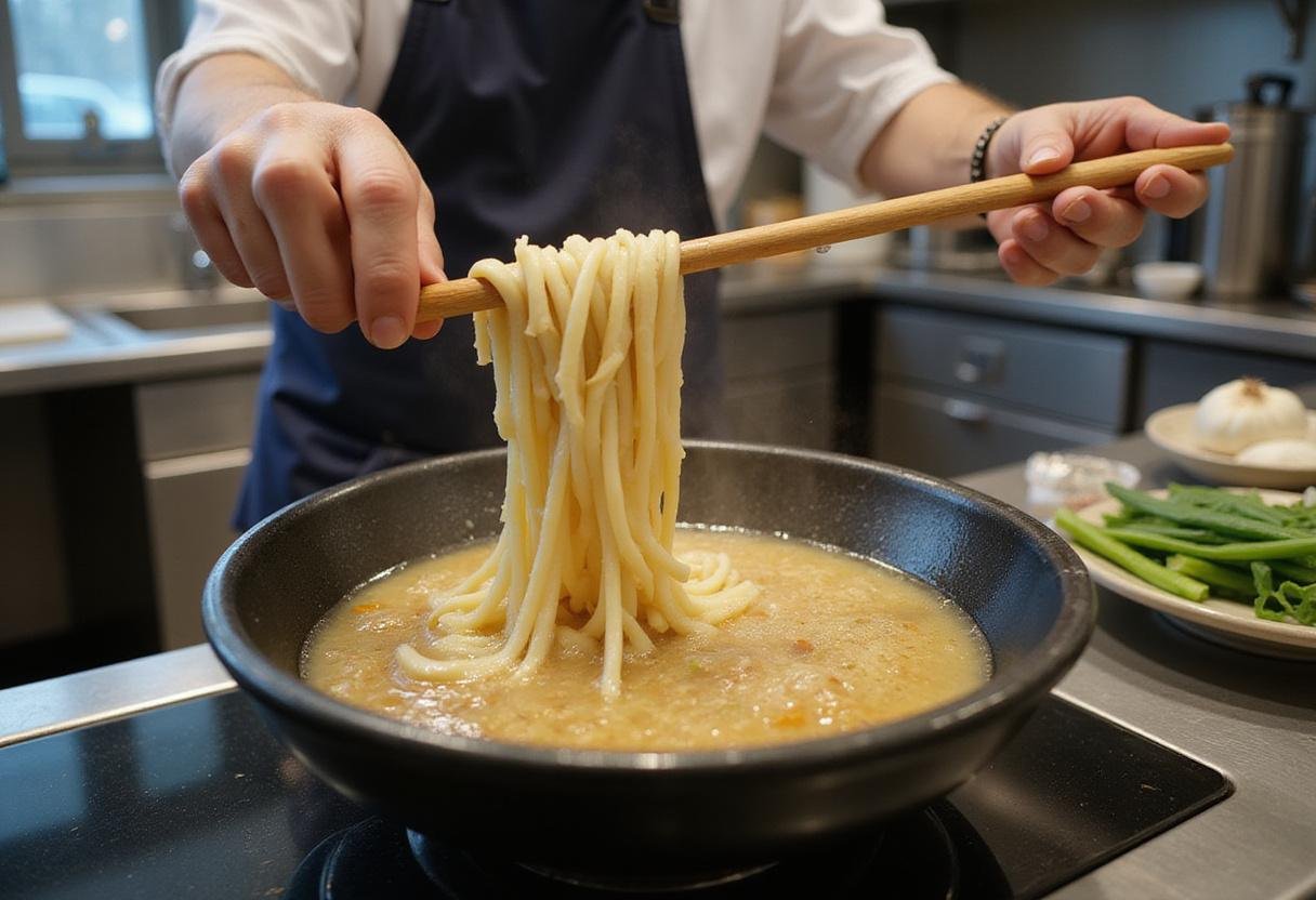 Cooking fresh ramen noodles for Euphoria Spicy Ramen Bowl, featuring boiling water and fresh ingredients in a bright kitchen.