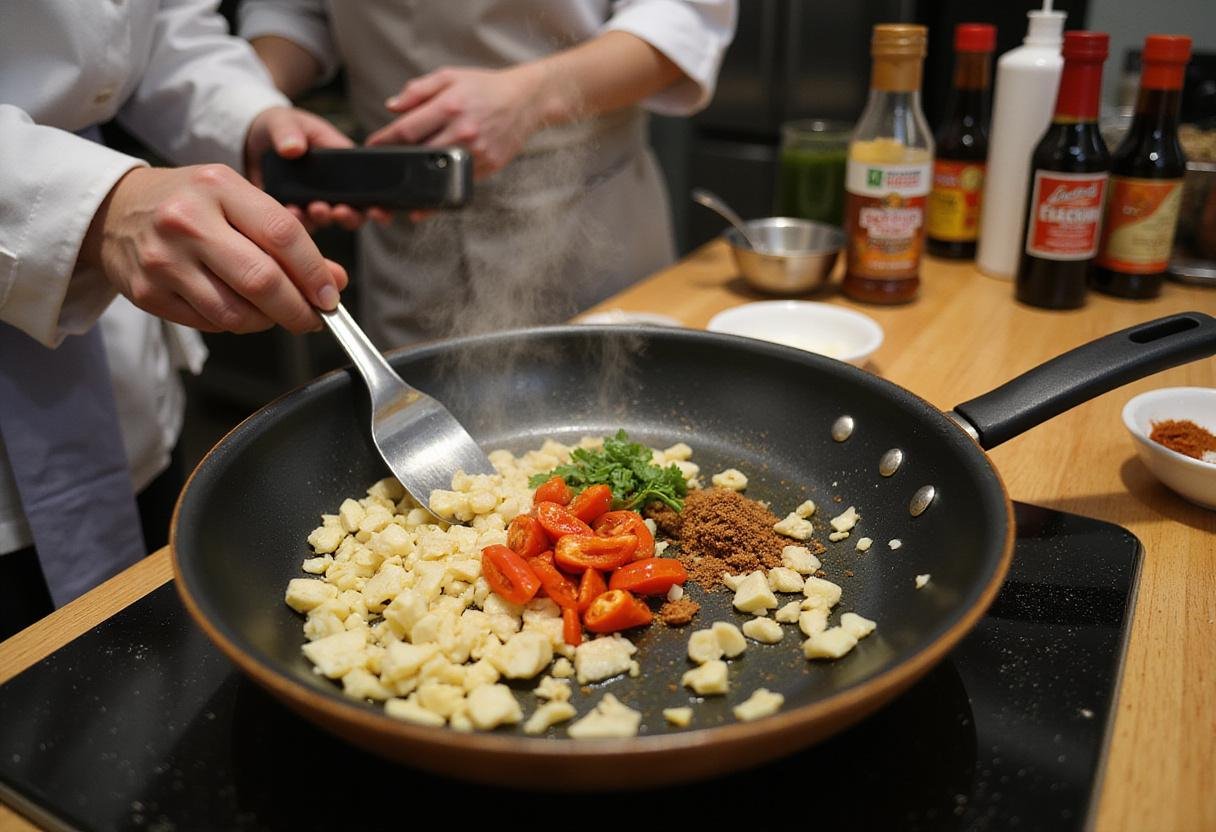 Sautéing garlic, ginger, and chili peppers for Euphoria Spicy Ramen Bowl, surrounded by spices and sauces in a cozy kitchen.