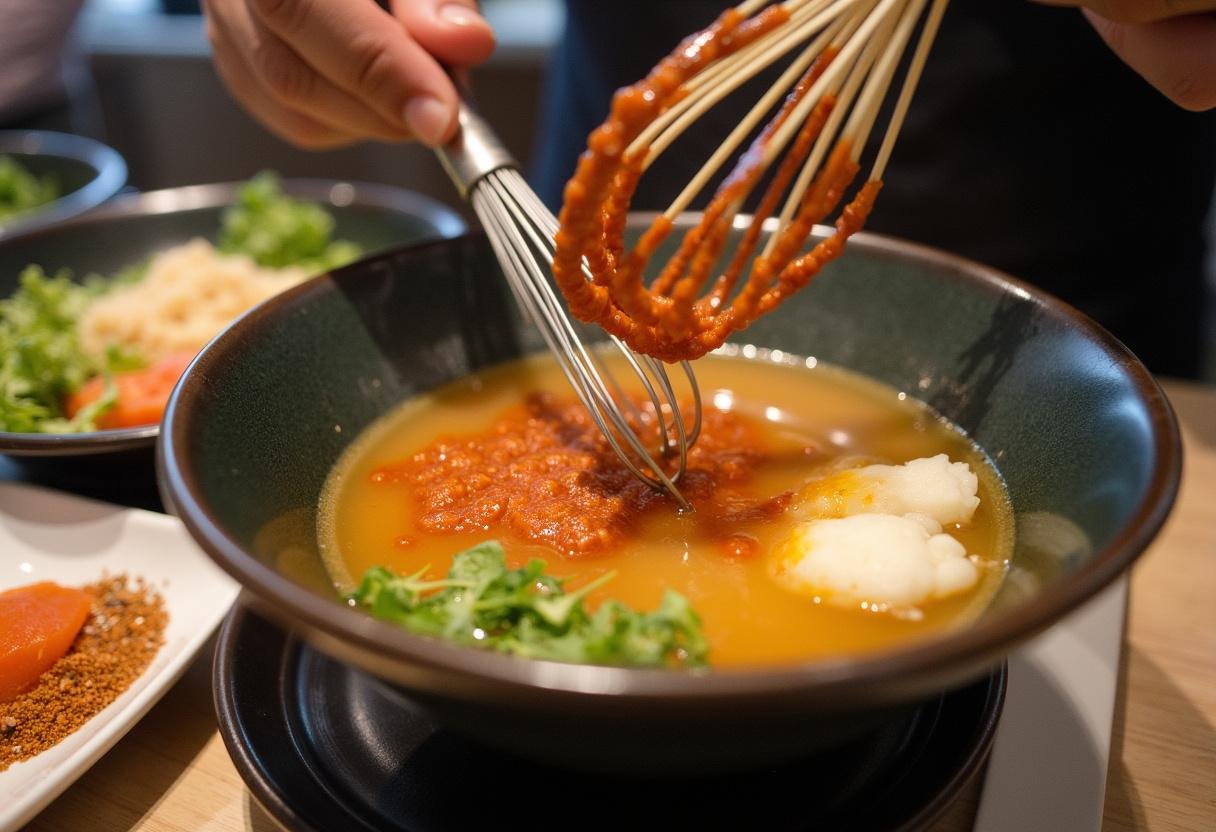 Preparing rich broth for Euphoria Spicy Ramen Bowl, mixing miso paste and chili oil in a colorful kitchen setting with fresh ingredients.