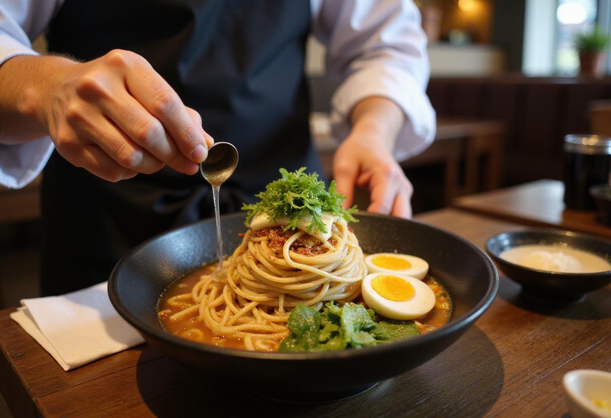 Assembling Euphoria Spicy Ramen Bowl with layers of noodles, broth, soft boiled eggs, and vibrant garnishes in an elegant kitchen.