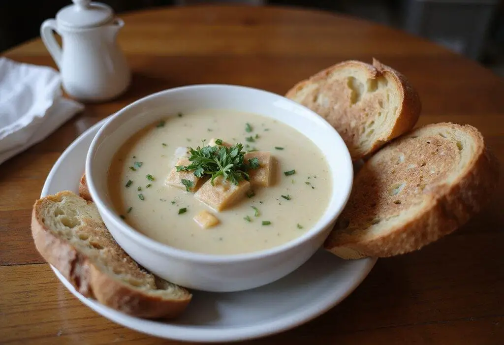 Final presentation of Fargo Snowy Day Soup, showcasing a delicious, warming meal perfect for snowy days, garnished beautifully for a comforting experience.