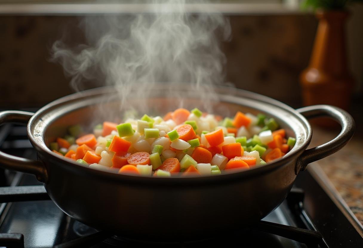Sautéing vegetables for Fargo Snowy Day Soup, creating a warm and comforting atmosphere with fresh ingredients.