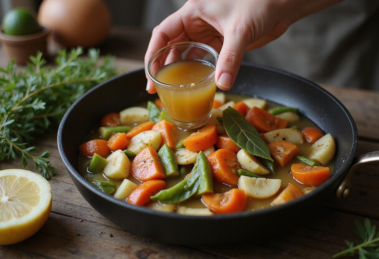 Combining broth and herbs for Fargo Snowy Day Soup, enhancing flavors in a hearty, warming dish perfect for chilly days.