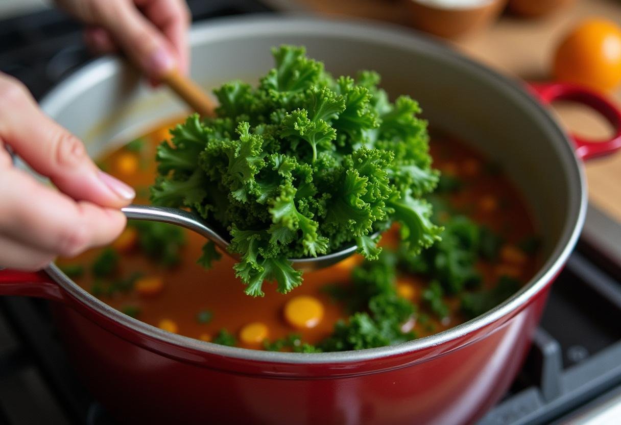 Adding fresh greens to Fargo Snowy Day Soup, creating a colorful and nutritious blend that brightens up the hearty dish.