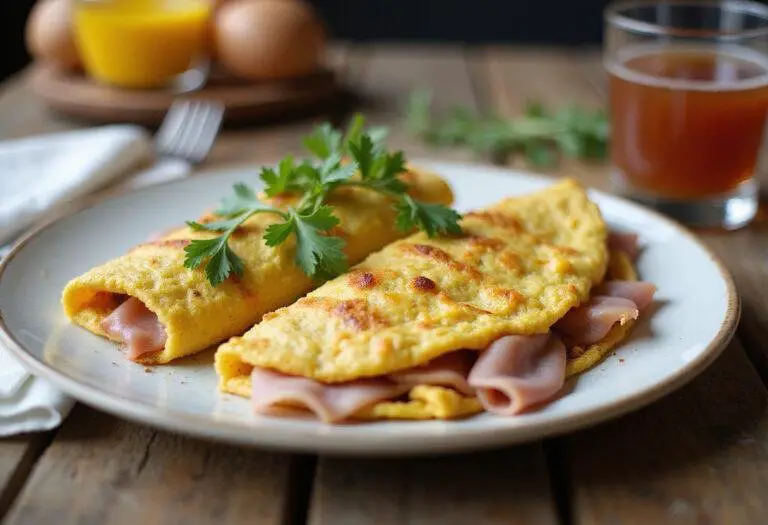 A perfectly plated Friends Ham and Cheese Omelet garnished with herbs, showcasing a delicious breakfast dish.