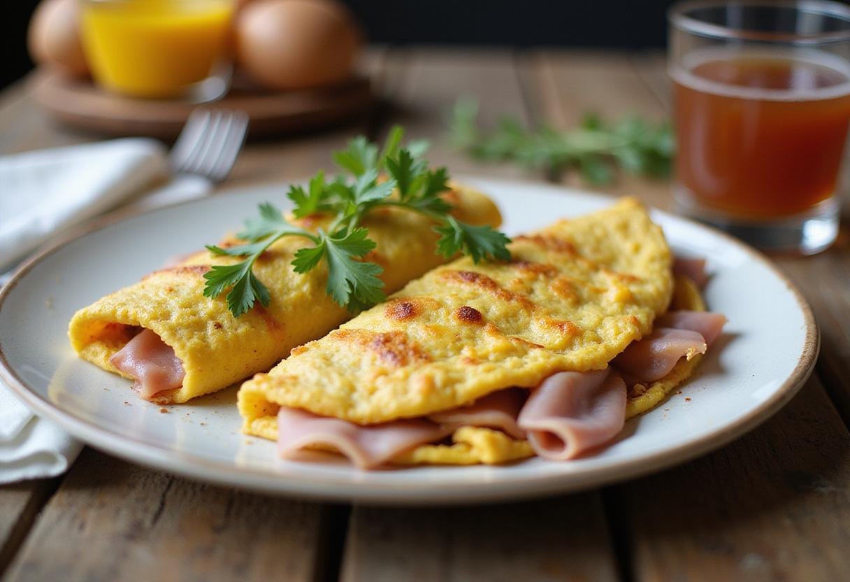 A perfectly plated Friends Ham and Cheese Omelet garnished with herbs, showcasing a delicious breakfast dish.