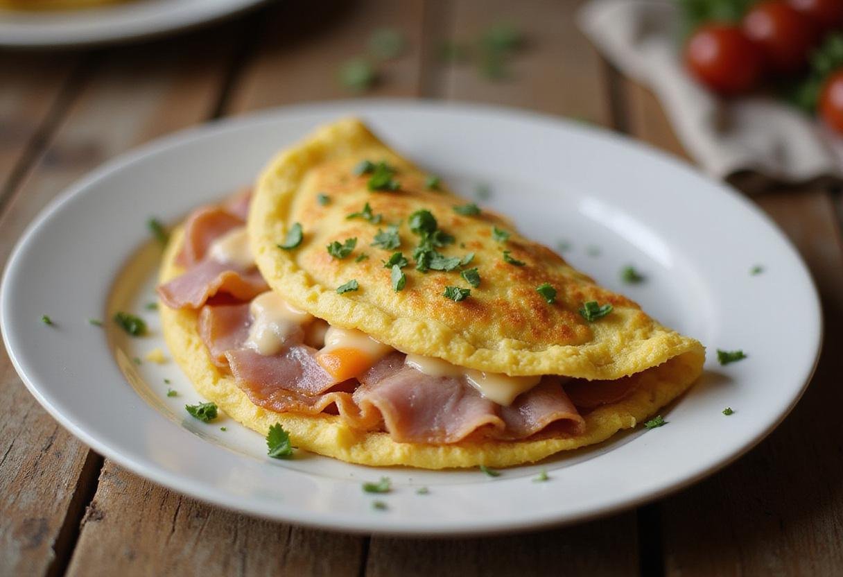 A perfectly plated Friends Ham and Cheese Omelet garnished with herbs, showcasing a delicious breakfast dish.