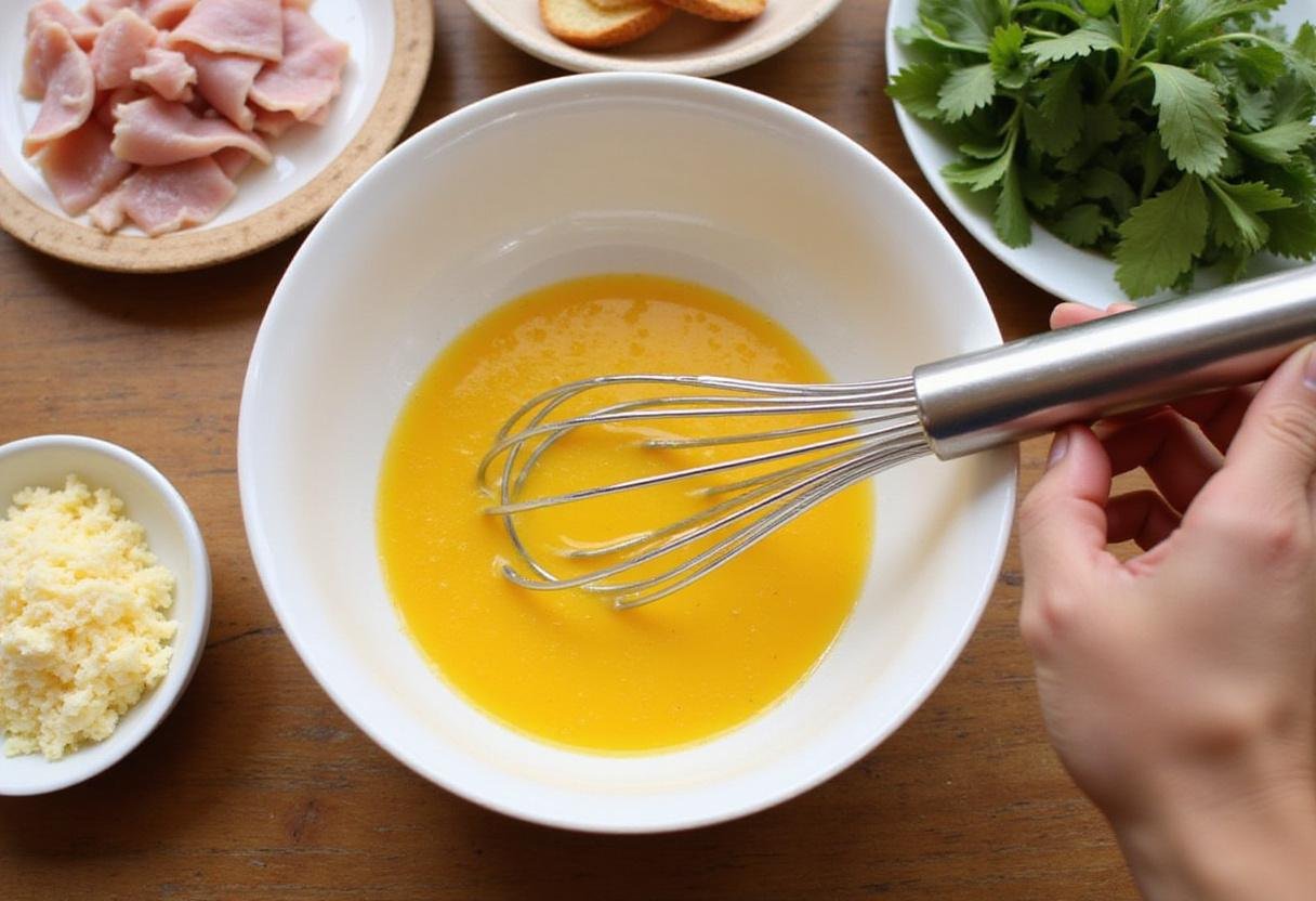 Whisking eggs for a Friends Ham and Cheese Omelet with fresh ingredients like ham and cheese on the side.