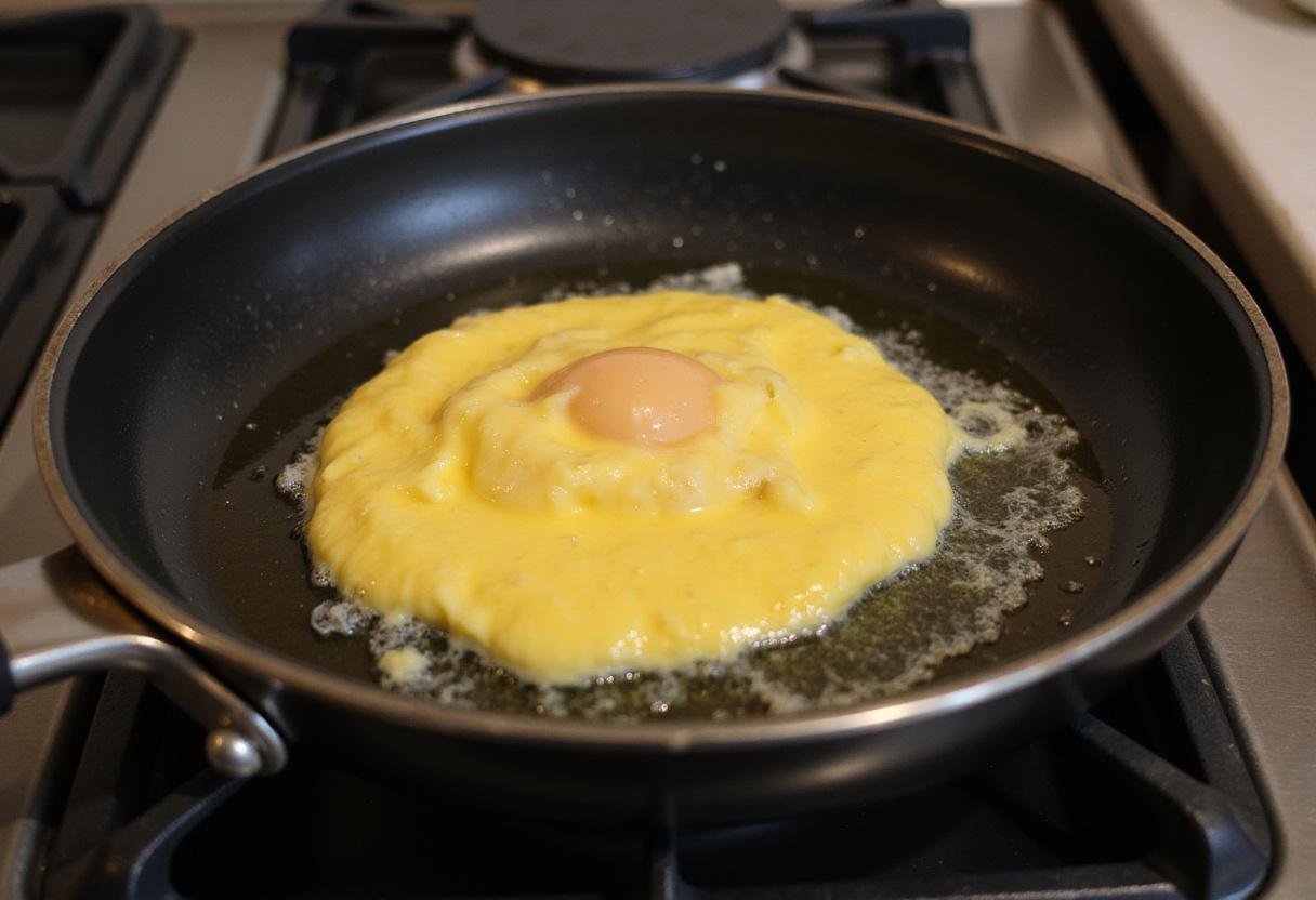 A sizzling non-stick skillet with melted butter, preparing the base for a delicious Friends Ham and Cheese Omelet.