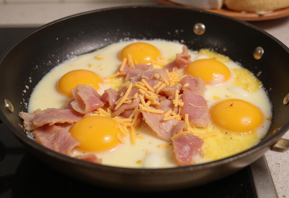 Adding ham and cheese to a cooking omelet in a skillet, showcasing the preparation of a tasty Friends Ham and Cheese Omelet.