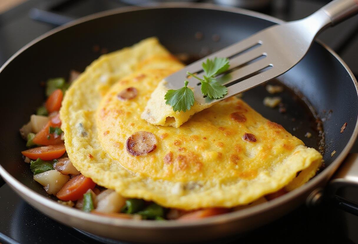 Folding a ham and cheese omelet in a skillet, demonstrating the finishing touches for a Friends Ham and Cheese Omelet.