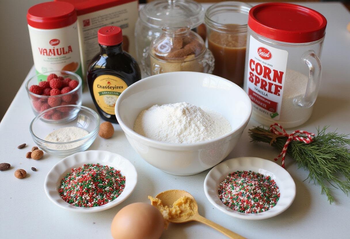 Making Friends Holiday Candy with sugar, corn syrup, and colorful sprinkles on a festive kitchen counter.
