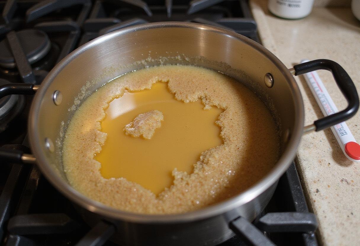 Cooking the mixture for Friends Holiday Candy on the stove, with bubbling sugar and corn syrup in a pan.