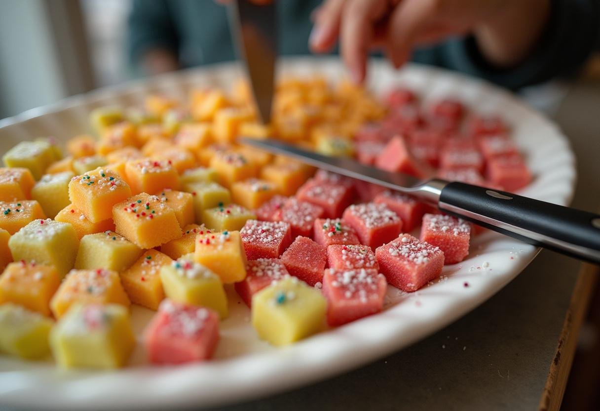 Cutting the cooled Friends Holiday Candy into squares with colorful decorations on a cutting board.
