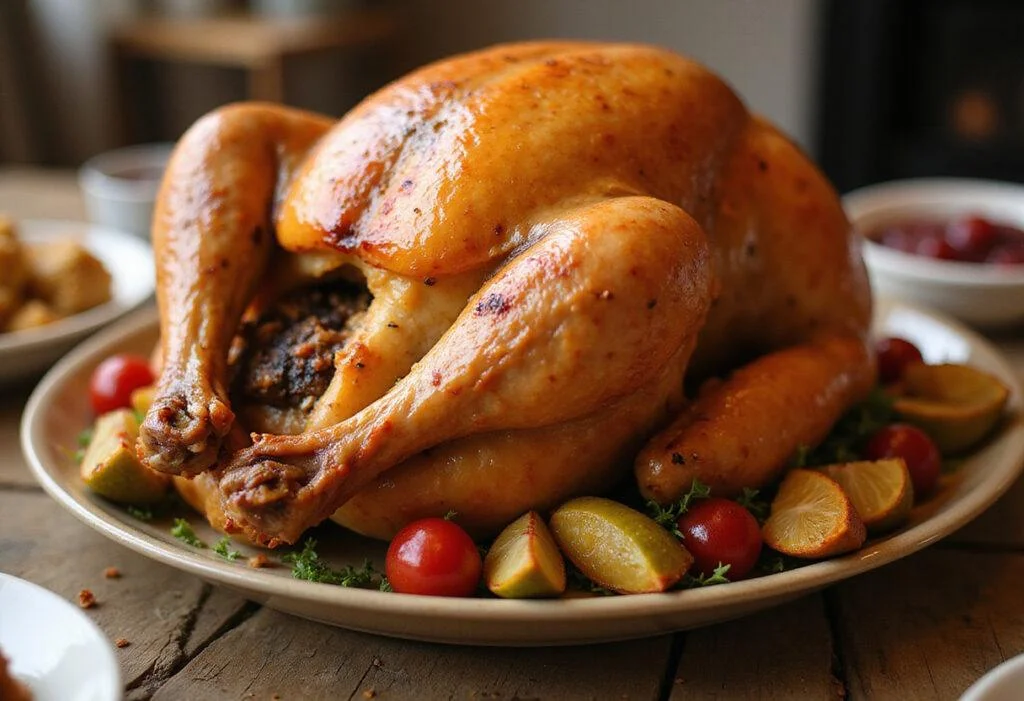 Succulent roasted Friends Monica's Thanksgiving Turkey displayed on a platter, showcasing a mouthwatering, festive dish perfect for celebration.