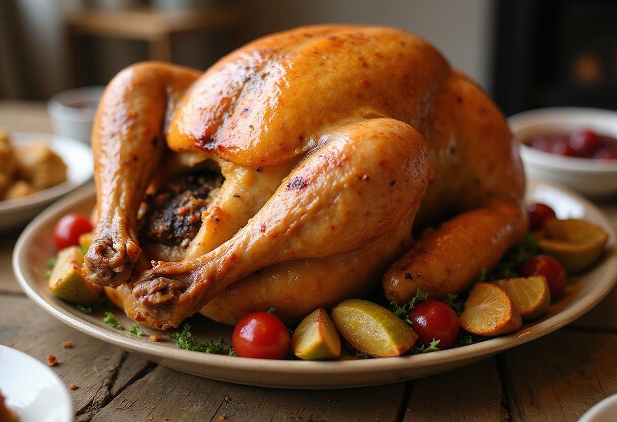 Succulent roasted Friends Monica's Thanksgiving Turkey displayed on a platter, showcasing a mouthwatering, festive dish perfect for celebration.