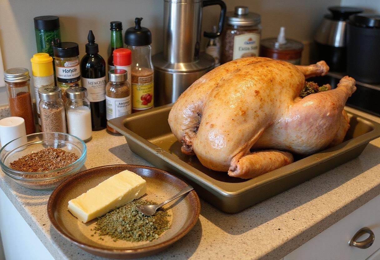 Preparing fresh turkey with herb butter for Friends Monica's Thanksgiving Turkey recipe, featuring a vibrant kitchen atmosphere.