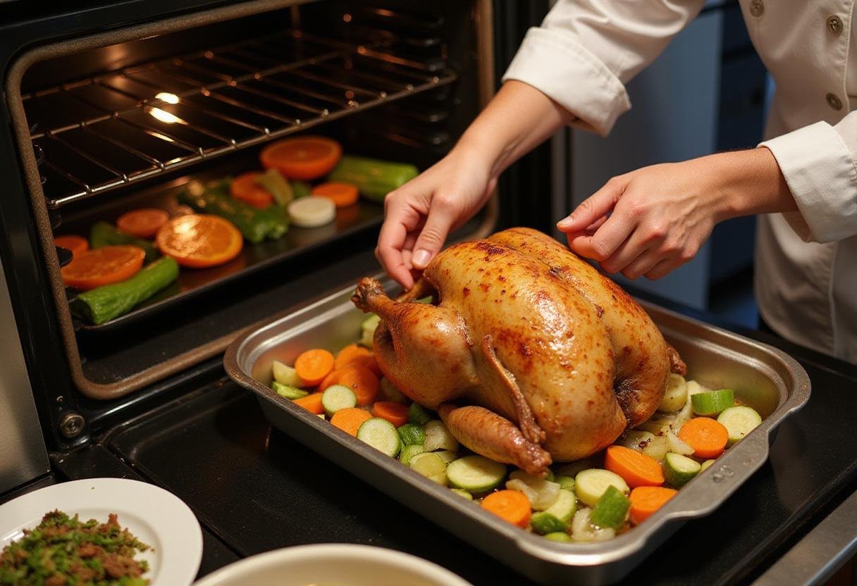 Arranging fresh vegetables in preparation for roasting Friends Monica's Thanksgiving Turkey, highlighting the festive kitchen environment.