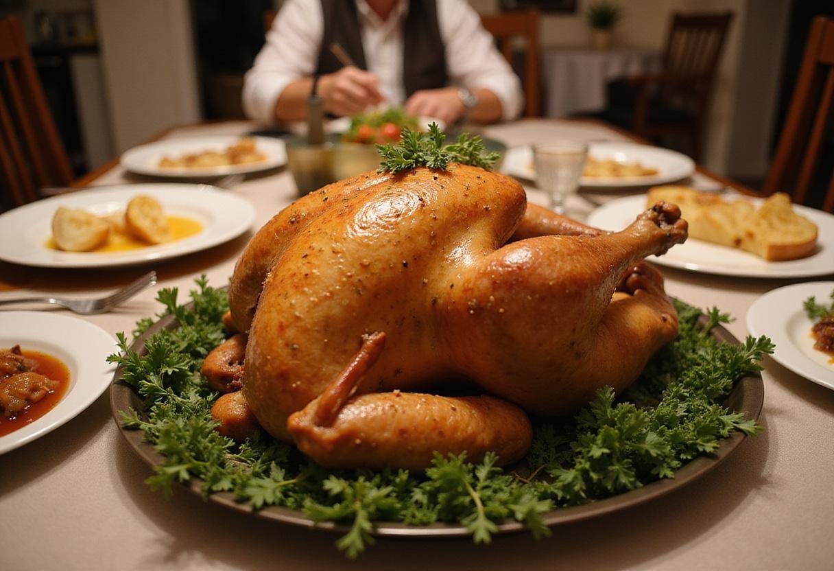 Final presentation of Friends Monica's Thanksgiving Turkey on a festive dining table, complete with garnishes and side dishes.