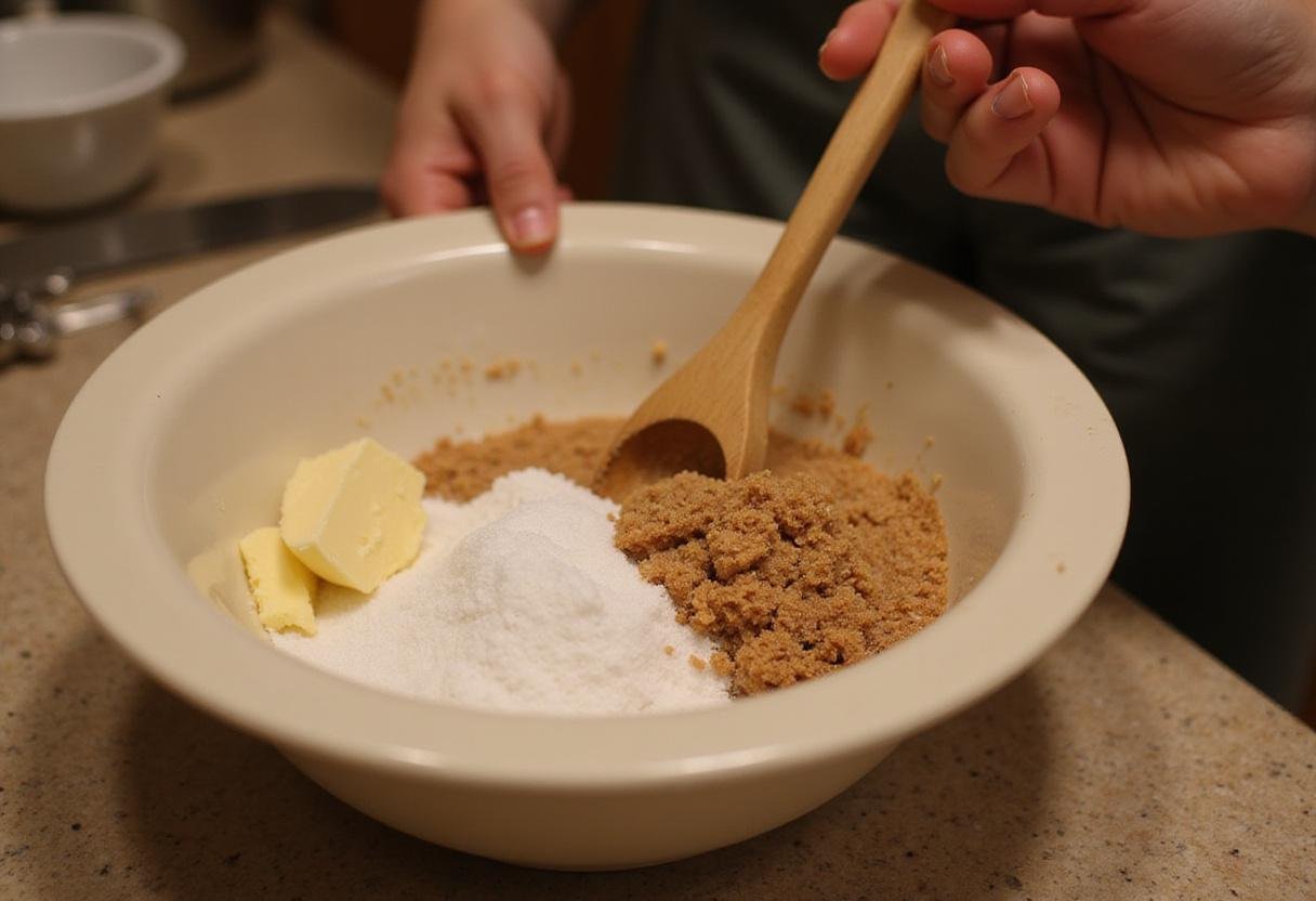 Mixing sugar and butter for Friends Phoebe’s Cookies, a classic and delightful treat.