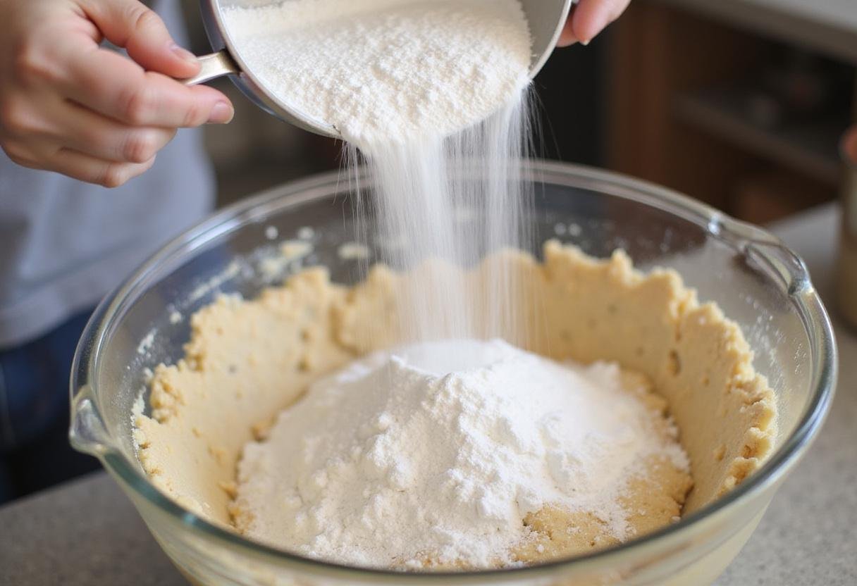 Adding flour, baking soda, and salt to the mix for Friends Phoebe’s Cookies, combining to create a delicious dough.
