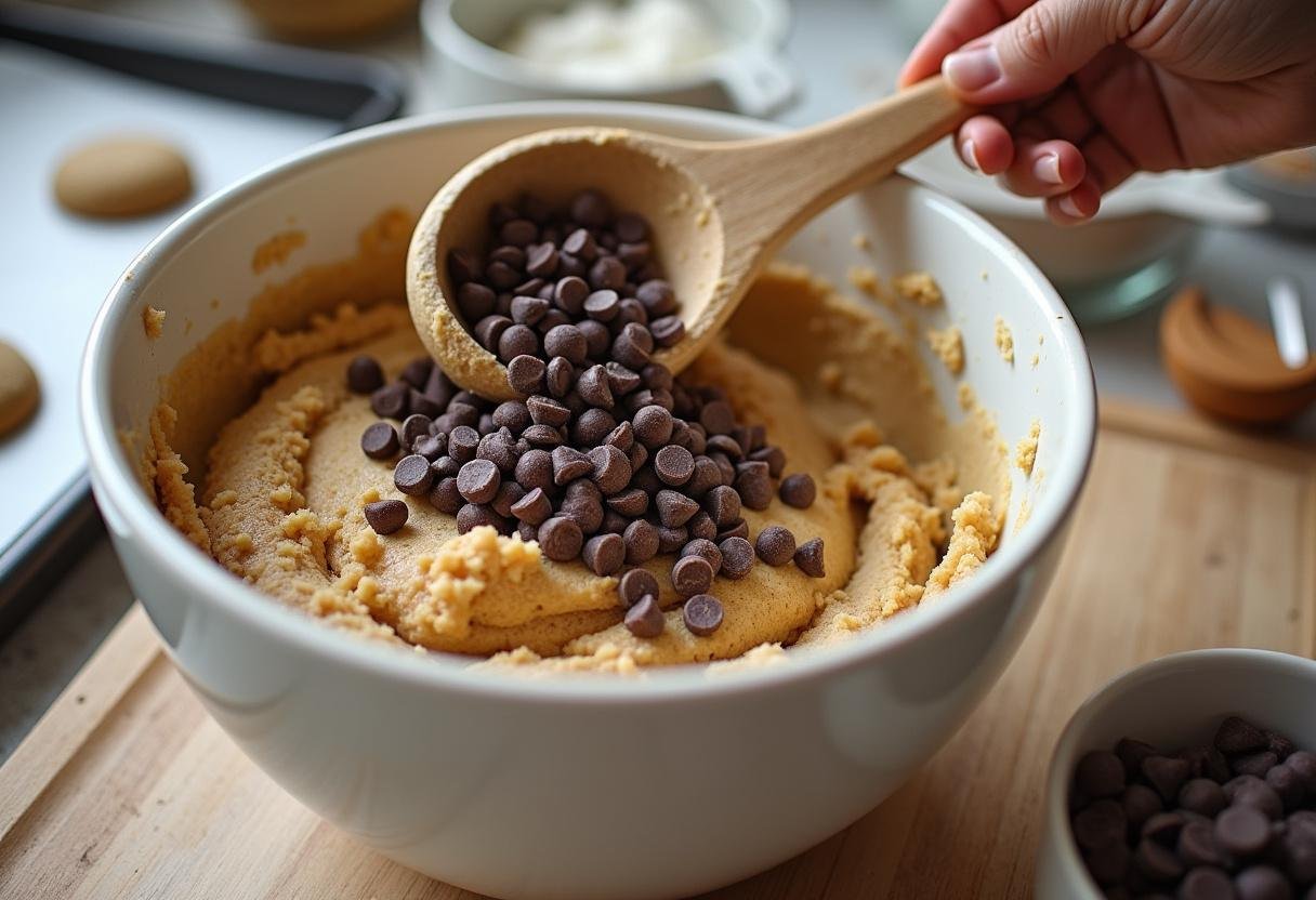 Incorporating chocolate chips into the dough for Friends Phoebe’s Cookies, enhancing the flavor for a perfect dessert.