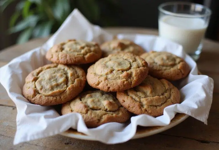 Delicious Friends Phoebe’s Vegan Cookies displayed on a rustic plate with a cup of plant-based milk, perfect for vegan dessert lovers.