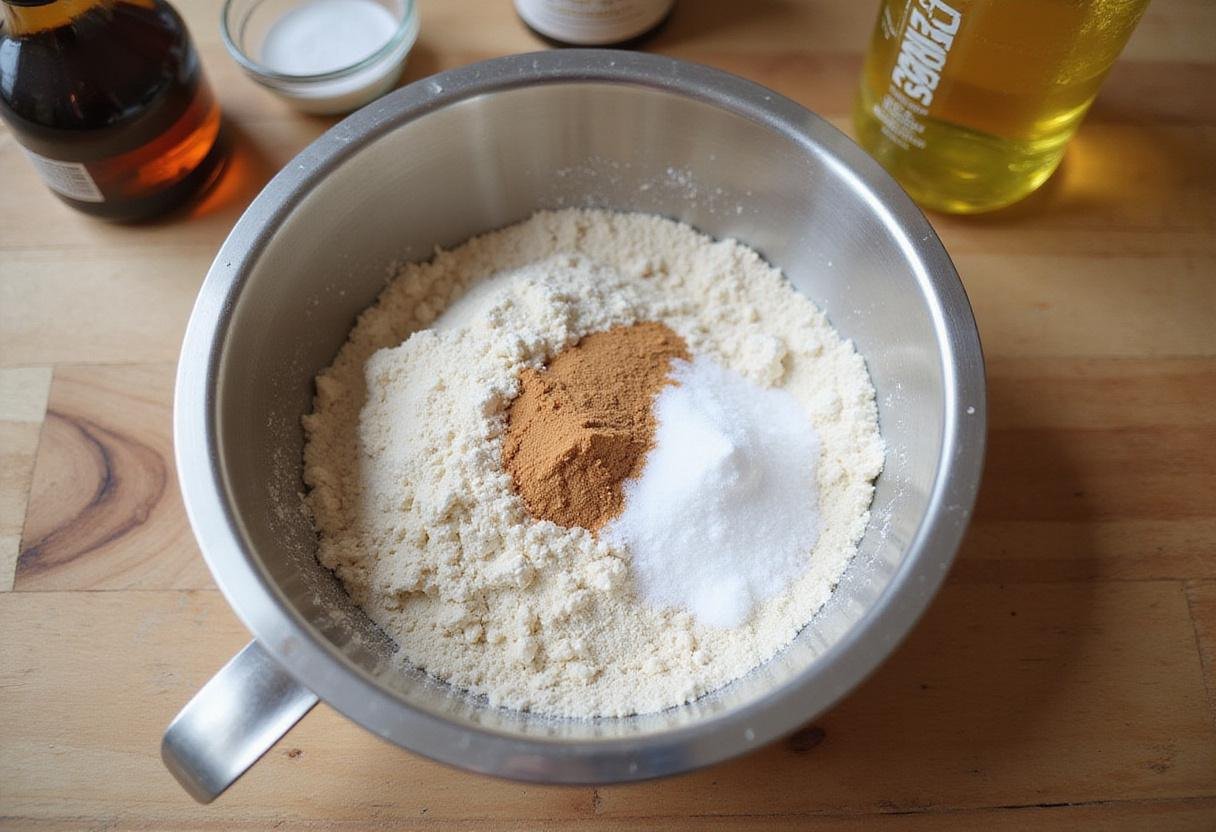 Vegan baking ingredients for Friends Phoebe’s Vegan Cookies including flour, baking soda, and sugar on a rustic wooden countertop.