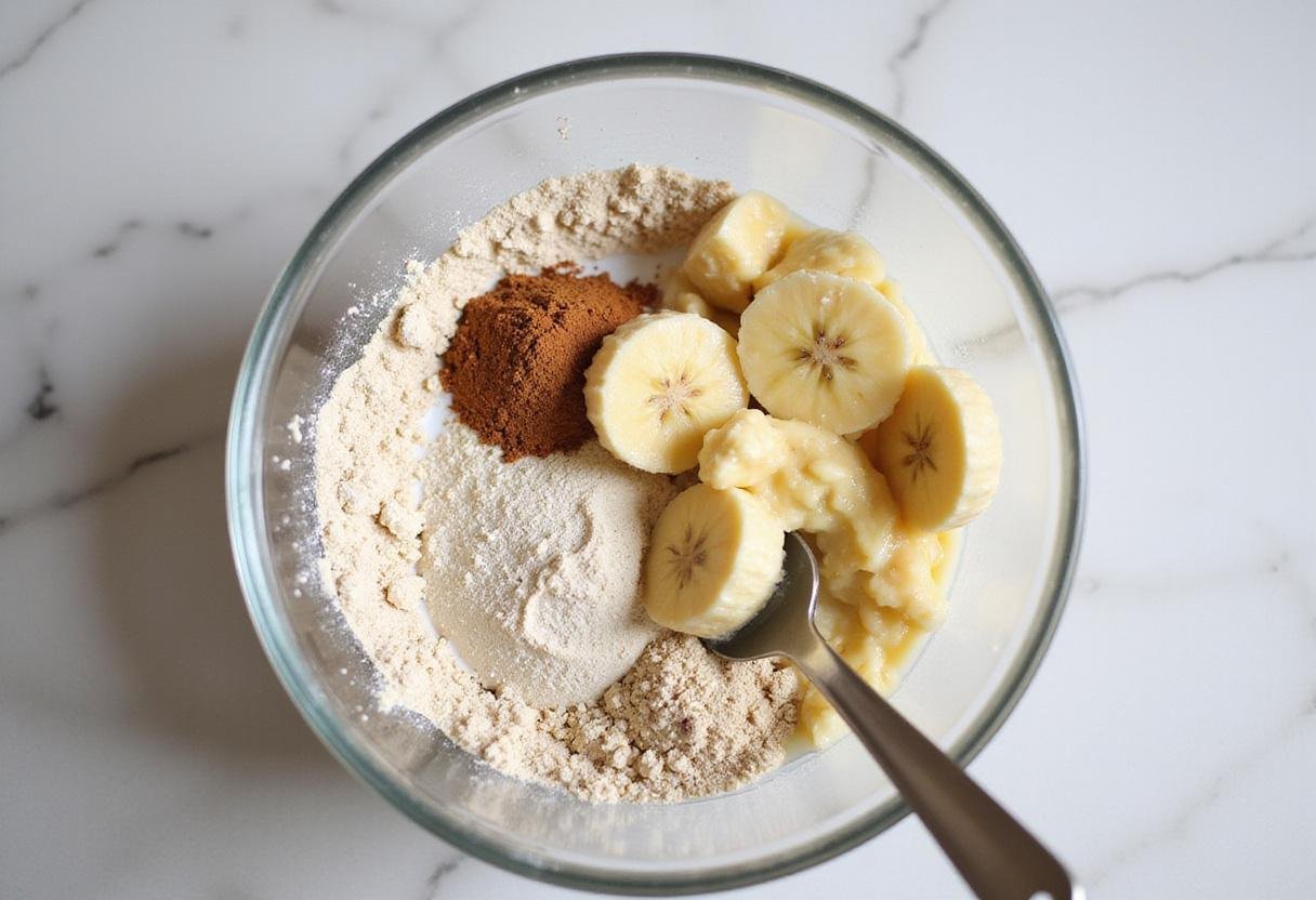 Combining wet and dry ingredients for Friends Phoebe’s Vegan Cookies with mashed bananas and plant-based milk in a mixing bowl.