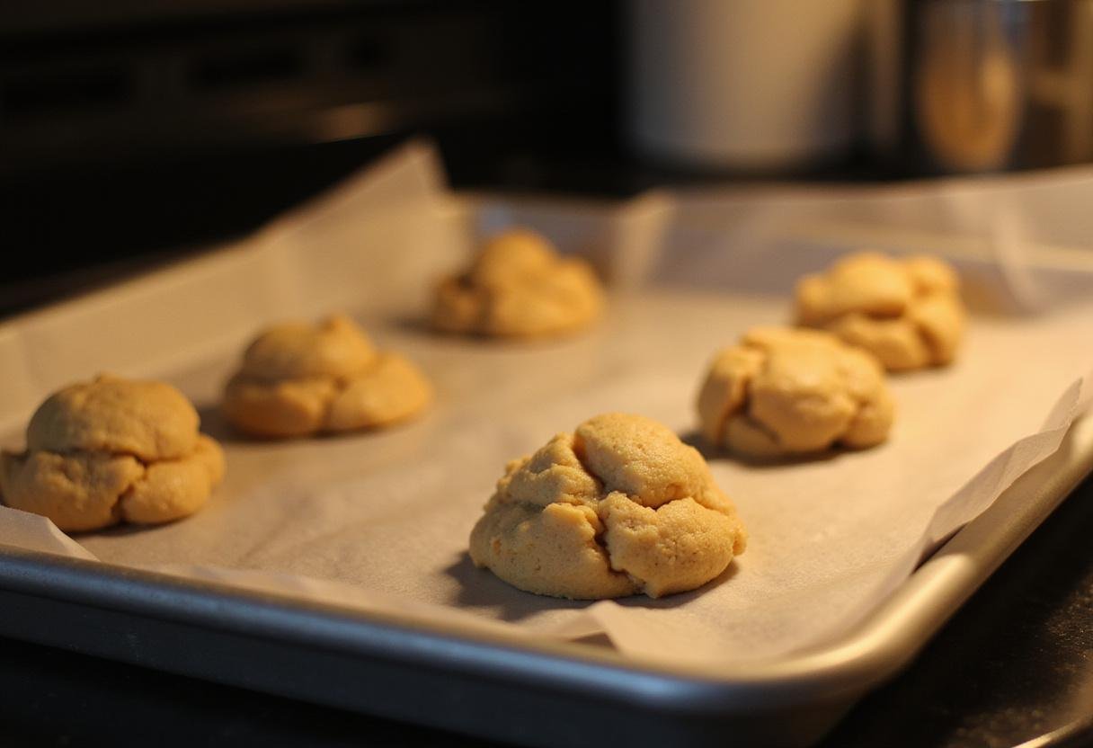 Preparing to bake Friends Phoebe’s Vegan Cookies, with dollops of cookie dough arranged on a parchment-lined tray.